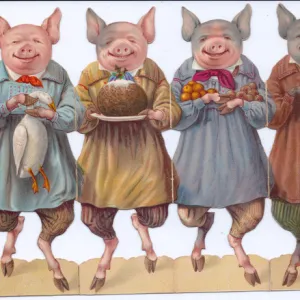 Four pigs with festive food on a cutout Christmas card