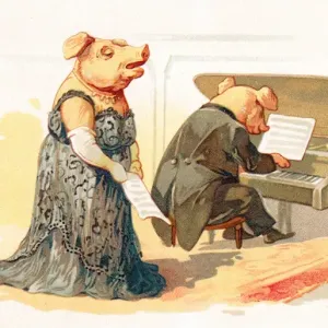 French New Year Print circa 1890s: Two Pigs Carrying Drinks. Art