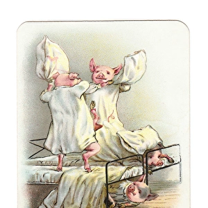 Four pigs pillow fighting on a New Year card