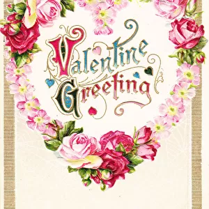 Pink and red roses in a heart shape on a Valentine postcard