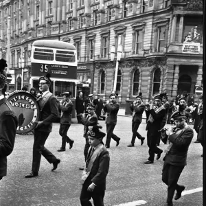 Piping band on parade, Belfast, Northern Ireland