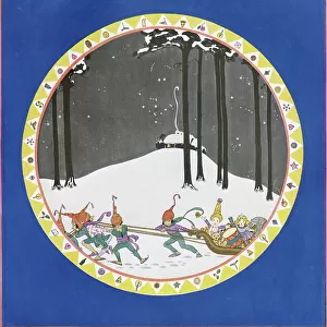 A plate design showing elves pulling a sleigh filled with toys through a wood. Date: Christmas Number 1923