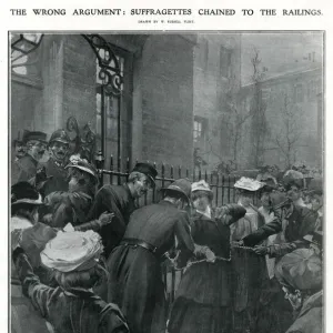 Police removing suffragettes chained to railings 1908