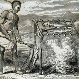 Ponca indians roasting fish. Engraving