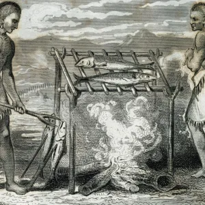 Ponca indians roasting fish. Engraving