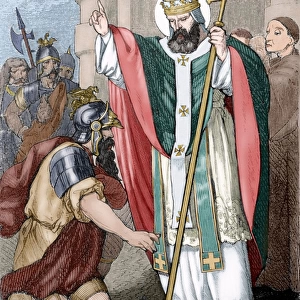 Pope Saint Leo I (390-461). Engraving. Colored