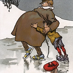 A portly gentleman on the ice is aided by a young lad