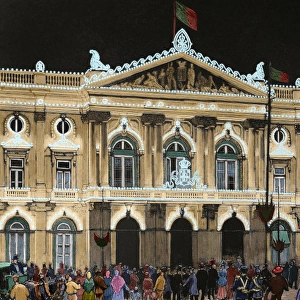 Portugal. Lisbon. Lighting of the town hall. Engraving. Colo