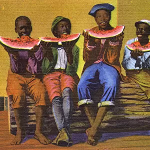 Postcard booklet, four boys with watermelons, USA