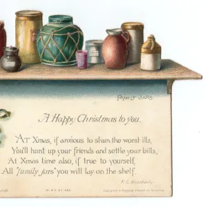 Pots and jars on a shelf on a cutout Christmas card