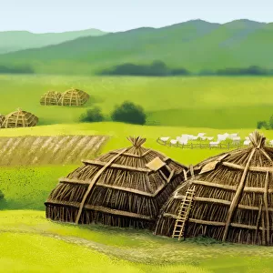 Prehistoric Kazakh farm scene, early agriculture