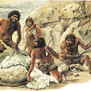 Prehistory. Paleolithic. Hunters manufacturing weapons