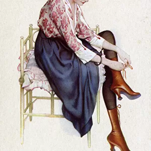 Pretty Parisian Girl lacing up her brown leather boots