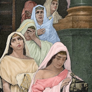 Priestesses of the goddess Vesta. Colored engraving