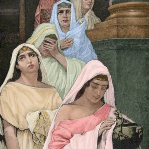 Priestesses of the goddess Vesta. Colored engraving