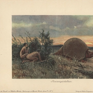 Primitive men with spears hunting a glyptodon