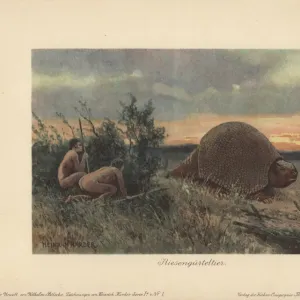 Primitive men with spears hunting a glyptodon