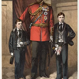 Prince of Wales (later Edward VII) (1841 - 1910), with his two eldest sons who were young sailors, Prince George, (left) and Prince Albert Victor (right)