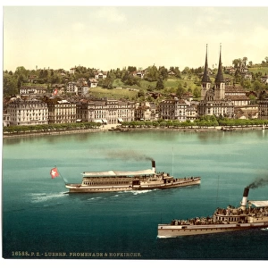 Promenade and cathedral, with two small steamers, Lucerne, S