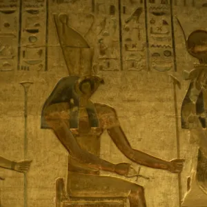 Ptolemaic temple of Hathor and Maat. God Horus. Seated figur