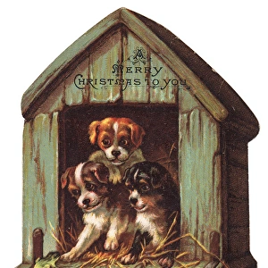 Three puppies on a kennel-shaped Christmas card