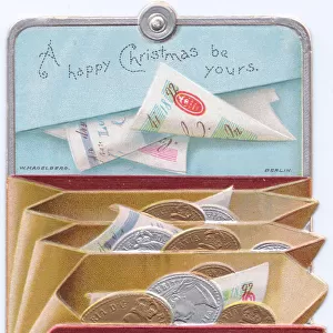 Purse full of money on a cutout Christmas card