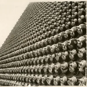 Pyramid of captured German helmets WWI New York. 1919