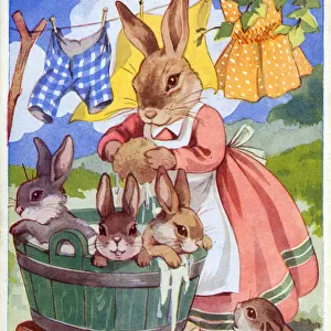 Rabbits Wash-Day - Birthday Greetings Postcard Date: 1944