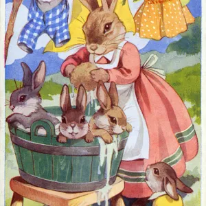 Rabbits Wash-Day - Birthday Greetings Postcard Date: 1944