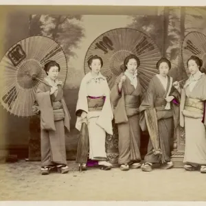 Traditional Japanese Geishas with Ornamental Parasols Print Traditional Japanese Geishas with Ornamental Parasols Print