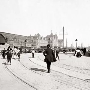 Railway station, Amsterdam, 1890s. Date: 1890s