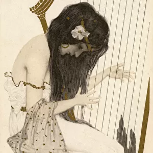 Raphael Kirchner - Art Nouveau Girl playing the harp