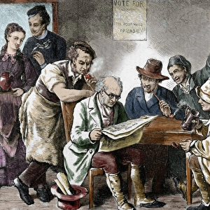 Reading the newspaper in the tavern. Colored engraving, 1876
