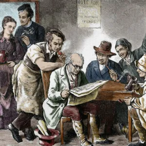 Reading the newspaper in the tavern. Colored engraving, 1876