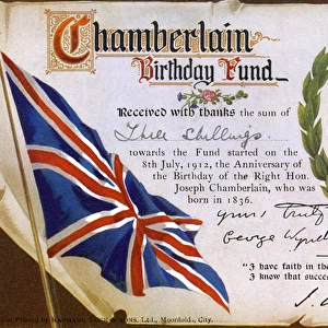Receipt for a donation to the Chamberlain Birthday Fund