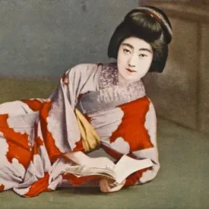 Reclining Japanese Geisha Reads from a Text Print Reclining Japanese Geisha Reads from a Text Print