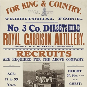 Recruiting poster, No 3 Coy Dorset Royal Garrison Artillery
