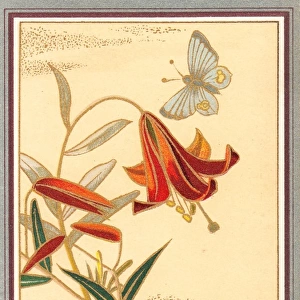 Red lilies and butterfly on a Christmas card