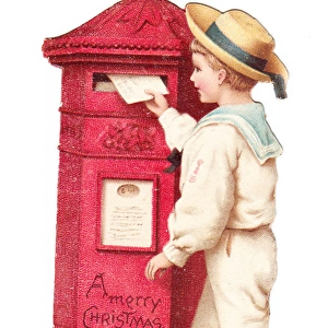 Red pillar box with boy and dog on a Christmas card