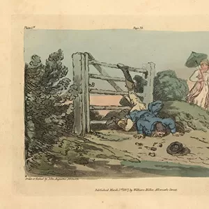 Regency gentleman falling over a gate while two women watch