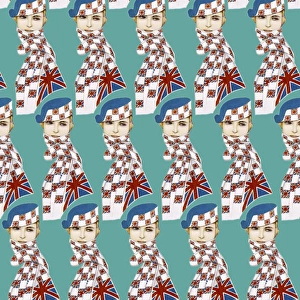 Repeating Pattern - Girl in Union Jack Flag Scarf, turquoise