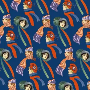 Repeating Pattern - three women in scarves and hats, blue