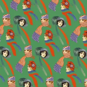 Repeating Pattern - three women in scarves and hats, green