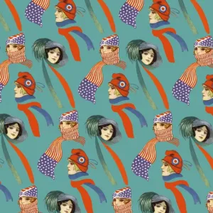 Repeating Pattern - three women, scarves and hats, turquoise