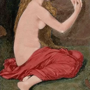 Repentant Mary Magdalene. Engraving. Colored