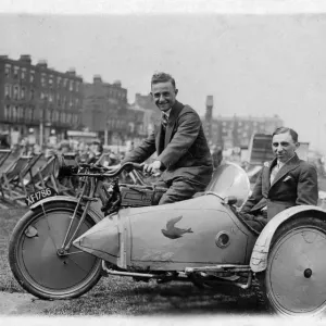 Rex Motorcycle and Sidecar Print - Early 1920s Beach Scene Rex Motorcycle and Sidecar Print - Early 1920s Beach Scene