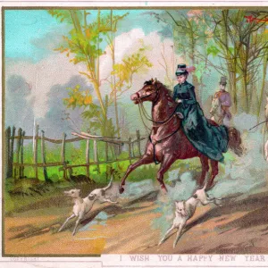 Riders, horses and dogs on a New Year card