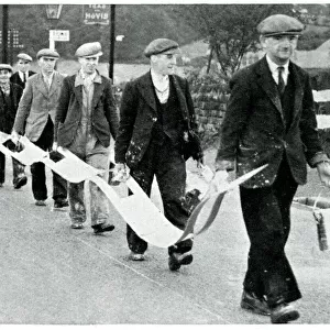 Road painters carrying broken white line stencil, Sept 1939
