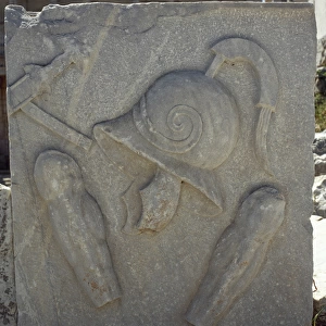 Roman art. Turkey. Military helmet and greaves. Relief. Ephe