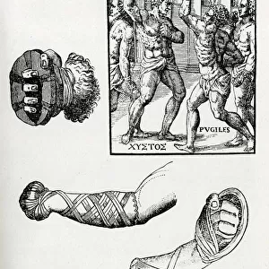 Roman boxing scene and three types of Cestus
